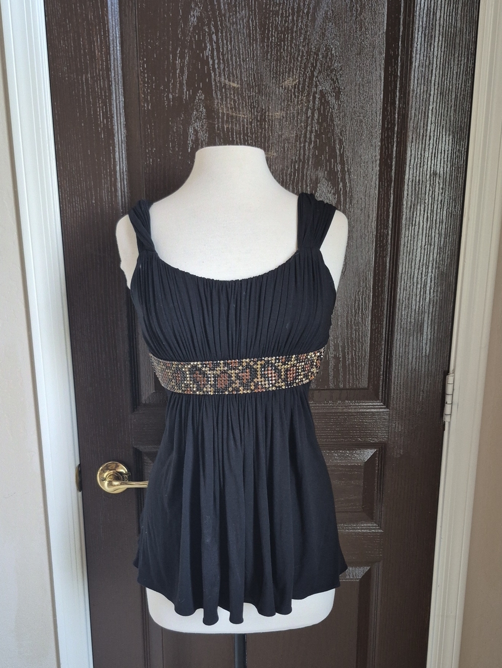 Sky Black Sleeveless Leopard Bling Embleshment Top Nwot